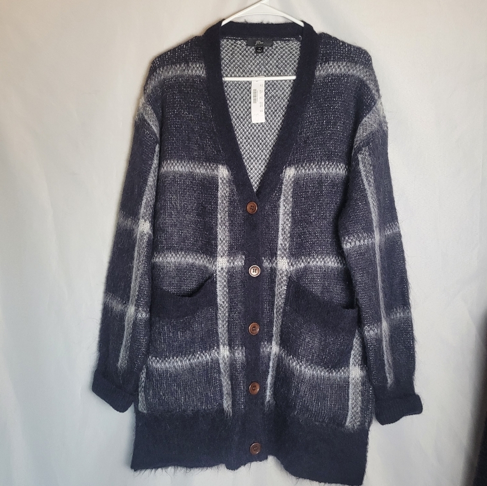 NWT J.Crew Wool/Mohair Plaid Windowpane Oversized Buttonup Vneck Cardigan M